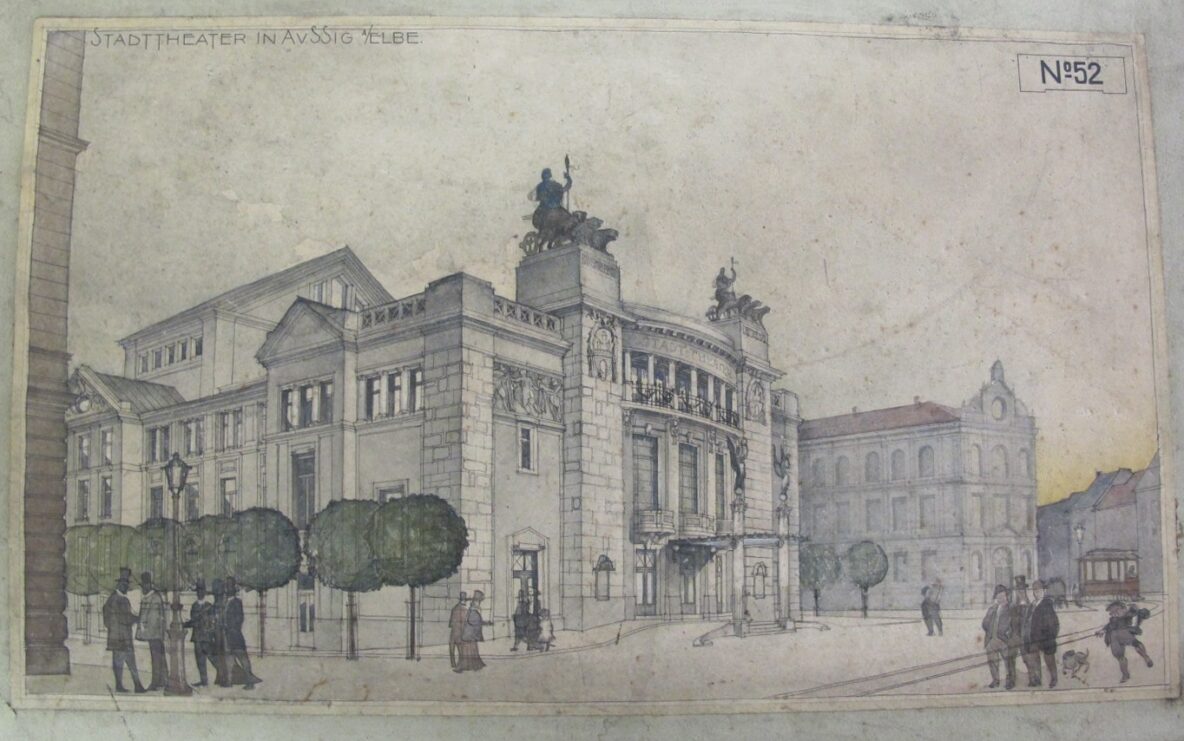 Nerealizovaný návrh budovy ústeckého městského divadla od vídeňské kanceláře Fellner a Helmer, který v architektonické soutěži na počátku 20. století obsadil druhé místo.