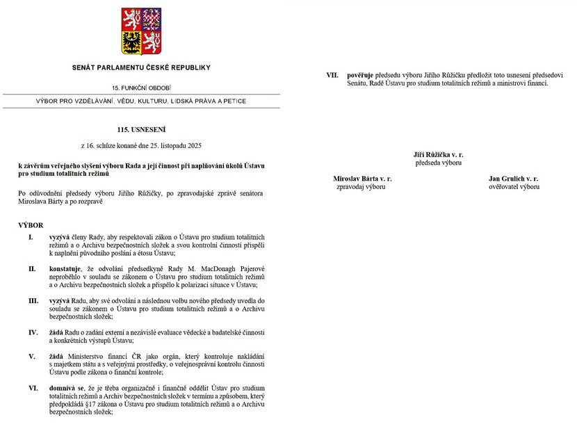 Kopie usnesení senátního výboru.