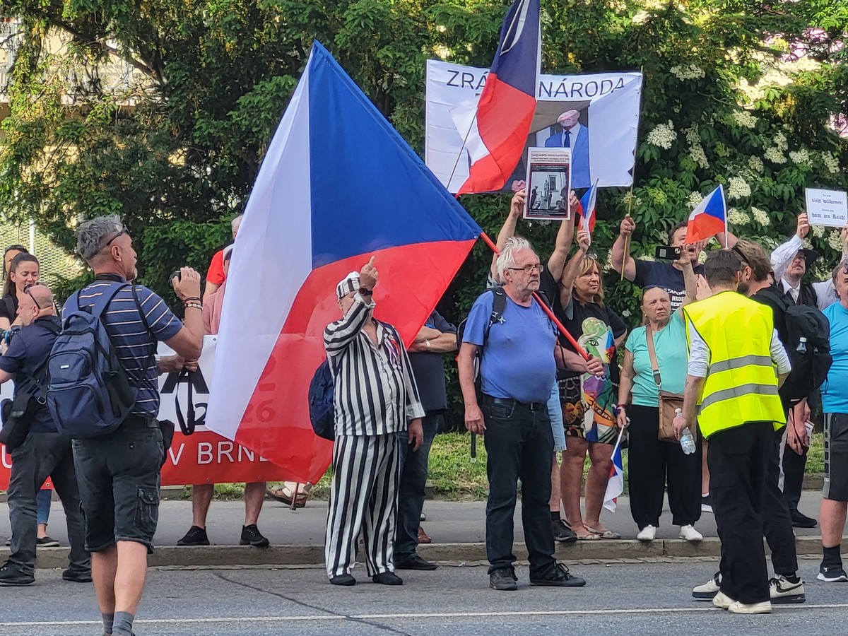 Skupinka protestujících s vlajkami České republiky. Muž v koncentráčnickém mundúru zvedá pravici se vztyčeným prostředníkem.