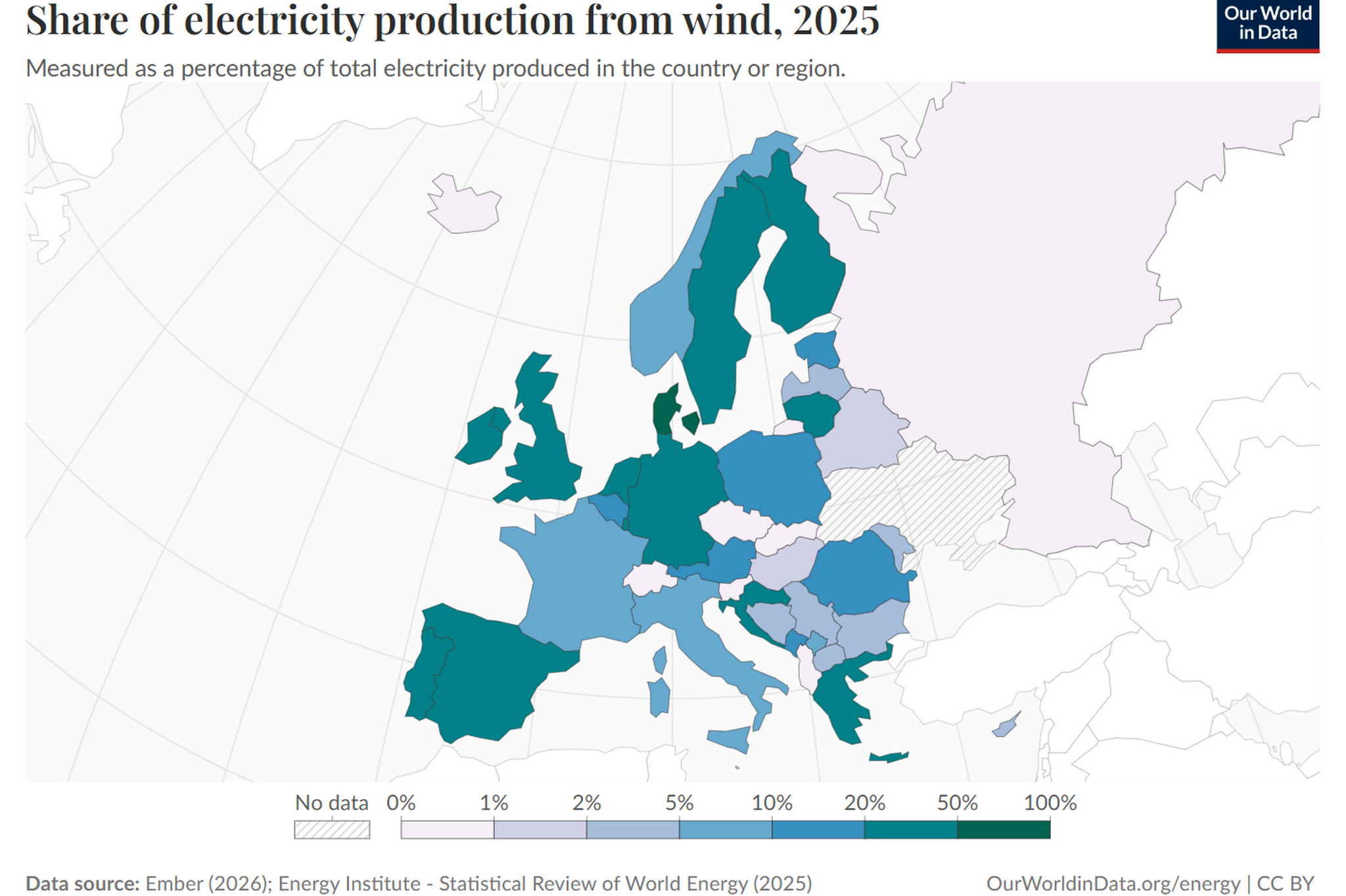 Mapa zobrazující podíl výroby elektřiny z větru v Evropě. Zdroj: OurWorldinData.org/energy