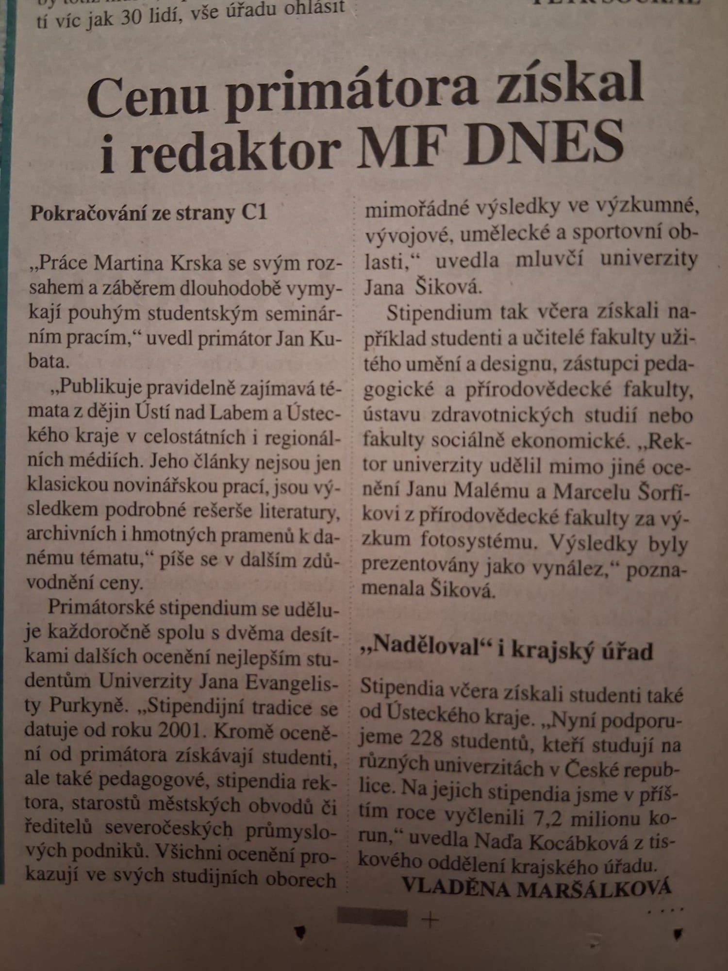 Druhá část článku z novin z roku 2006 o udělení stipendia